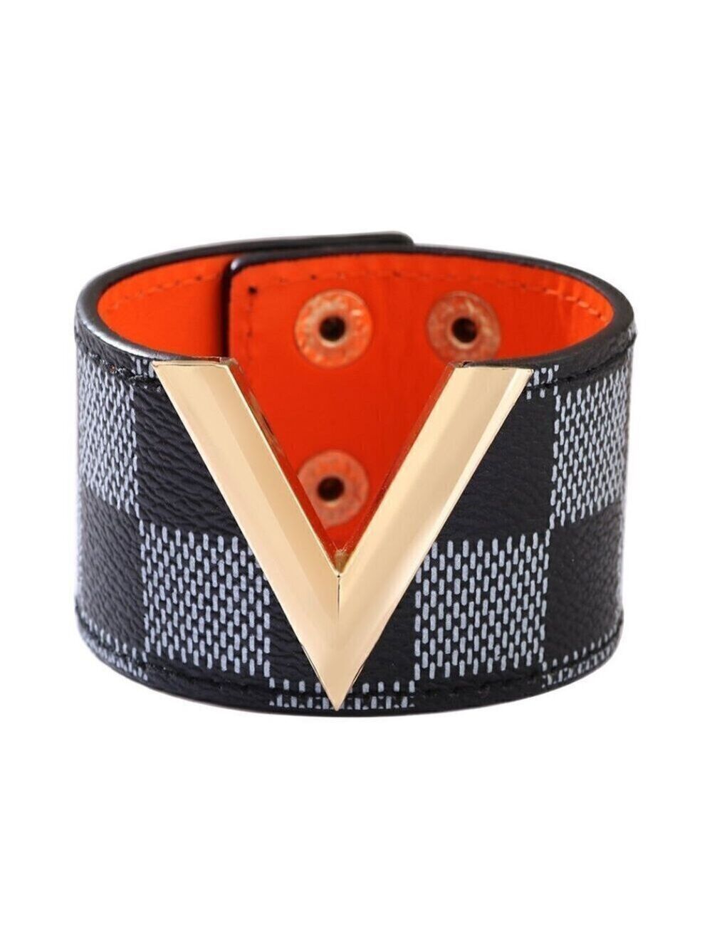 Women's Luxury Plaid V Design PU Leather Bangle Bracelet, Press Button Closure